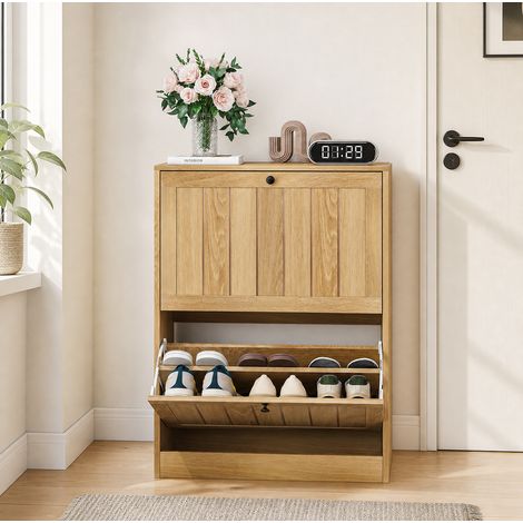 Mobile portascarpe 60 cm con 2 ante a ribalta, salvaspazio per ingresso e corridoio, MDF effetto rovere (1/5)