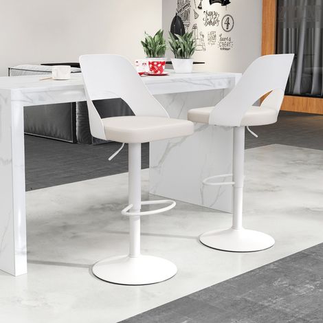 Lot de 2 Tabourets de Bar Pivotantes à 360° Siège Réglable en Hauteur Chaises de Cuisine avec Assise et Dossier en Simili Cuir Blanc (1/3)