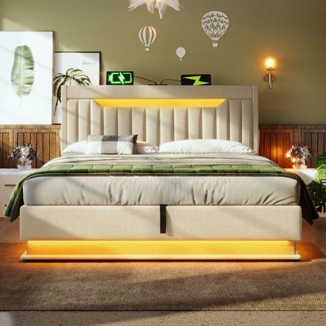 Lit double-Leinen avec coffre-Coussin-Têtes LED-USB/Type C-Rangements-Côté pieds-LED 162x218x112cm-Sans matelas (1/5)