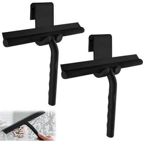 Lot de 2 raclettes de douche en silicone avec crochet, 34 cm avec support, raclette de douche multi-usages pour portes en verre, miroirs, carreaux, voitures (noir) (1/4)