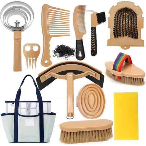 Kit de Toilettage pour Cheval 11 Pièces avec Sac de Transport Brosse Étrille Cure-Pied et Peigne pour Équitation Accessoires de Nettoyage et Soin Équins