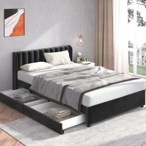 MEUBLIV Lit rembourré 160 x 200 cm en velours noir avec tête de lit haute, 2 tiroirs, sommier à lattes en bois , style minimaliste