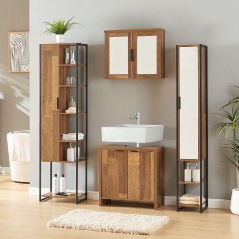 Set 4 Mobili da Bagno Namsskogan in effetto Legno Intarsiato color Noce [en.casa] (1/5)