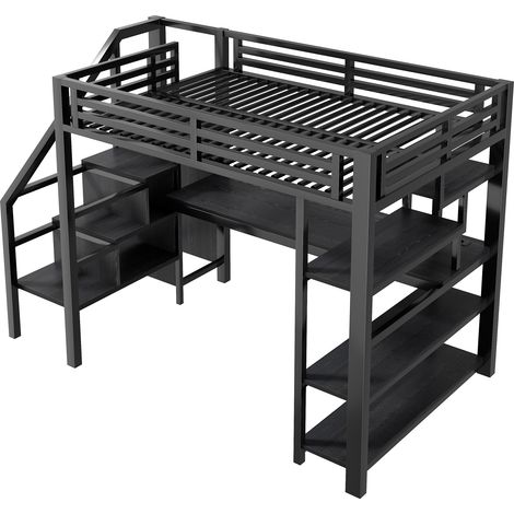 Cama alta metálica 140x200 cm negra con escalera, escritorio integrado y almacenaje (1/5)