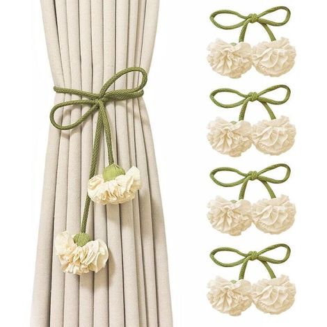 4 Embrasses Rideau Bohème en Corde de Coton avec Fleurs Œillets pour Décor Maison (Vert, Beige) (1/4)