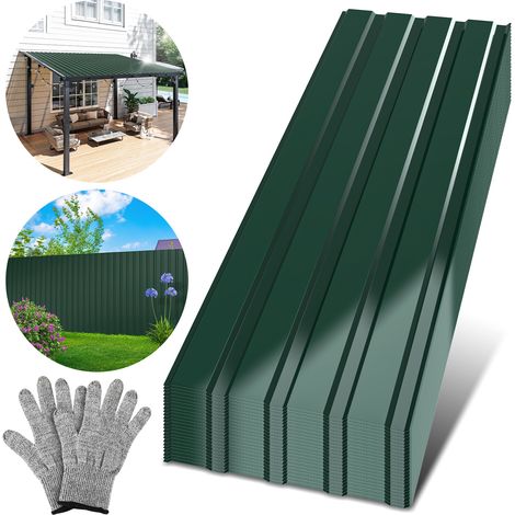 Randaco 12 plaques de toiture profilées 129 x 46 cm, vert, pour abri de jardin, carport et remise, avec gants anti-coupure (1/5)