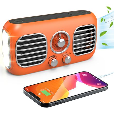 Radio d'urgence avec ventilateur portable, radios météo AM/FM/WB avec sirène SOS, manivelle/panneau solaire/4000 mAh/banque d'alimentation/bouton rotatif/récepteur rétro rechargeable avec (1/5)
