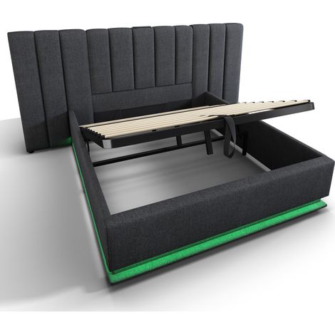 Cama con canapé 180 x 200 cm gris de lino con LED, puertos USB y USB-C, sin colchón (1/5)