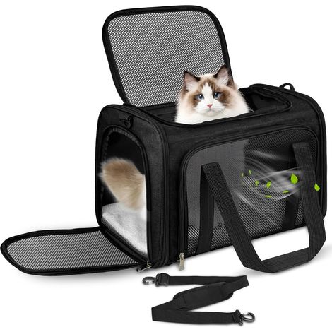 Sac de Transport Chat, Sac Transport Chat Chien avec Matelas Souple, Sac Transport Chien Respirant et Pliable, Caisse de Transport Chat Respirant pour Petit Chien,Chat (Noir, 43x28x28cm) (1/4)