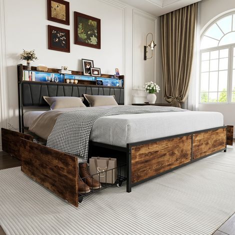 Letto matrimoniale 140x200 cm con rete a doghe e 4 cassetti - letto imbottito per adulti con testiera contenitore LED USB - stile industriale metallo e legno rustico - nero (1/5)