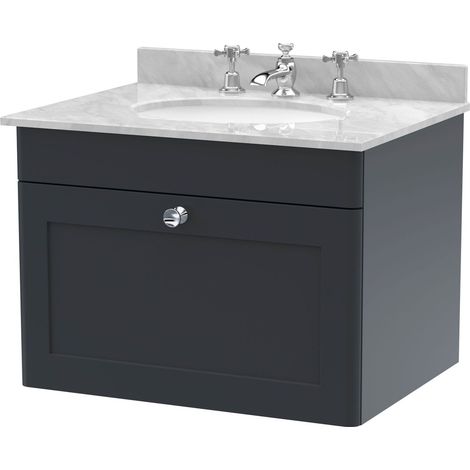 Swynnerton Traditional 1 Drawer Wall Hung Vanity Unit with Marble Basin, Dark Grey, 600mm