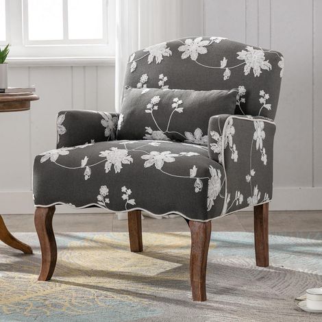 Vintage Sessel mit Armlehne, Blumenmuster, Holzbeinen, grau (1/5)