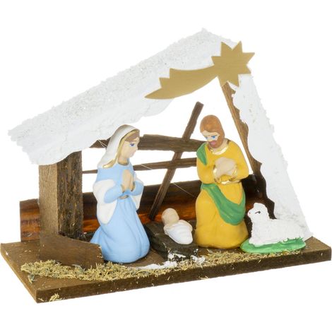 Presepe in legno monoblocco, alto 12 cm, con tetto bianco. (1/3)