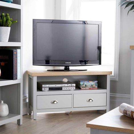 Grey Oak Corner TV Stand 1 Drawer Cabinet Television Unit Cable Tidy 36mm Top (1/5)