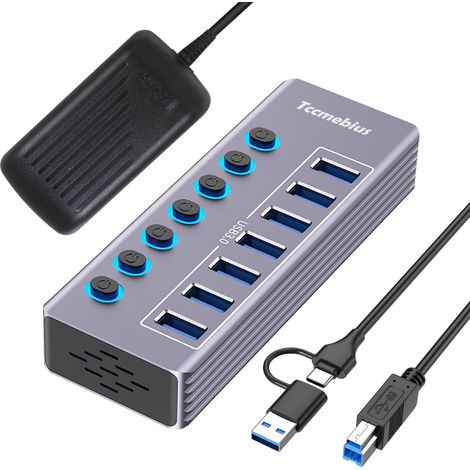 Hub USB Alimenté à 7 Ports Aluminium USB 3.0 Data Hub avec Interrupteur Séparé LED, Adaptateur d'alimentation 12V/3A, 2-en-1 (USB A/C) Data Cable 100cm, pour Laptop MacBook Pro/Air PC (1/5)