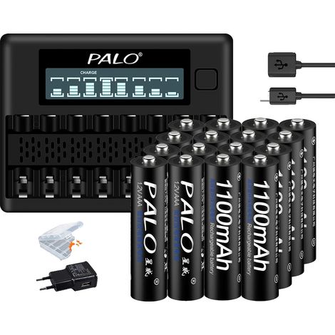 Batería recargable AAA, capacidad de 1100 mAh, ecológica, 16 baterías AAA, 1 cargador (1/2)
