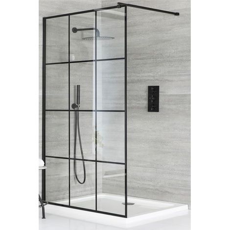 Milano Barq - Walk In Wet Room Shower Enclosure with Black Grid Pattern Screen&44 Support Arm and White Tray - 1400mm x 700mm (1/4)