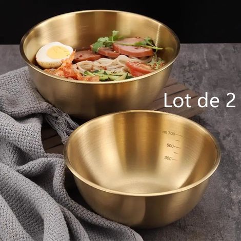 Lot de 2 Saladier Multifonction en Acier Inoxydable Bol à Pétrir à Battre Œufs pour Nouilles Froides Salades de Fruits Cuisine Familiale (1/5)