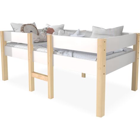 Lit mezzanine enfant mi-hauteur 90x200 cm avec barrière de sécurité, échelle et espace de rangement sous le lit, bois peint blanc, style scandinave - CHICFURN (1/5)
