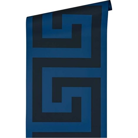 Papier peint géométrique noir et bleu Tapisserie motif clé grecque Papier peint intissé luxe effet brillant idéal pour chambre (1/4)