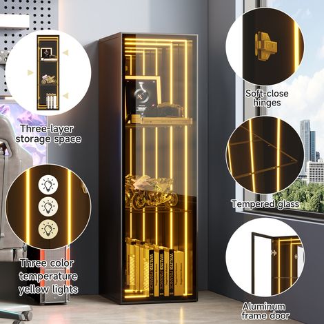 30 x 30 x 90 cm, Portes d’armoire à cadre en aluminium, verre trempé, trois compartiments de rangement, étagères réglables, barre lumineuse LED, charnières avec fonction soft-close, noir froid.28 (1/5)