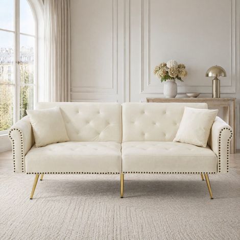 Sofá cama 2 plazas de terciopelo, respaldo 3 posiciones, beige DESVIAE (1/5)