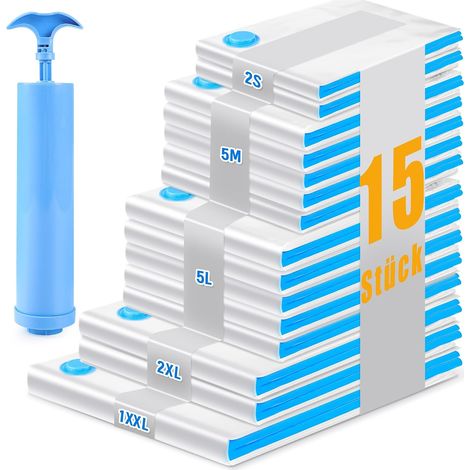 Sac sous vide vetement aspirateur 15 Pièces – sac de rangement sous vide, et Aspirateur – Pour Couettes, Oreillers (5 Tailles Incluses) avec Pompe à Main (1/5)