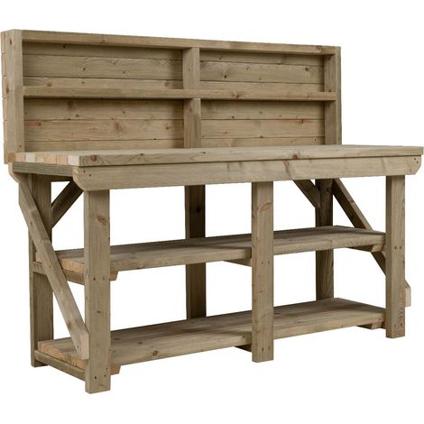Indoor/outdoor workbench pressure treated station (H-90cm, D-64cm, L-300cm) with back panel and double shelf