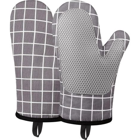 Gants de cuisine (gris, une paire), gants résistants à la chaleur, gants en coton siliconé résistants à la chaleur (1/5)