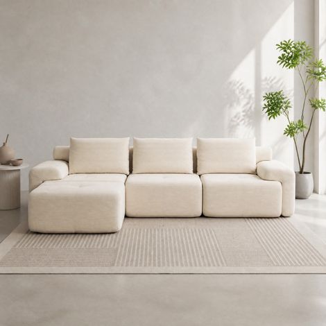 Divano angolare modulare 305x137x69 cm in tessuto bianco, salvaspazio per soggiorno FloraGrace (1/5)