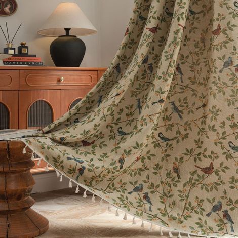 Shabby-Chic-Gardine mit Blumen- und Vogelmotiv – 1-teiliger Vorhang im rustikalen Stil, lichtdurchlässig, mit eleganten Fransen, 150 x 220 cm (1/5)