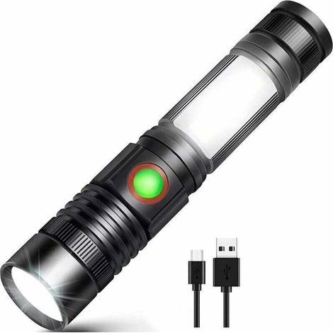 Lampe de poche LED rechargeable par USB puissante lampe COB militaire portable zoomable pour atelier de réparation automobile camping bricolage (batterie rechargeable 18650 incluse et magnéti (1/4)