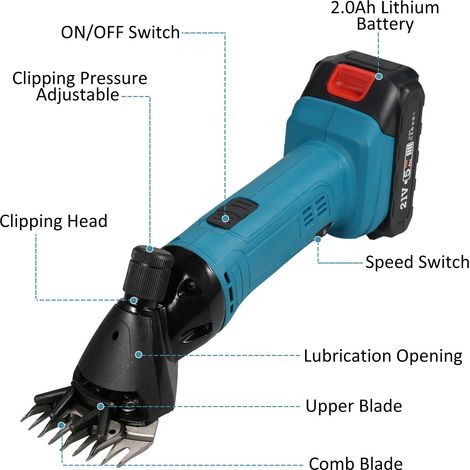 Ciseaux à laine à 9 dents et 6 vitesses réglables, batterie lithium-ion, pour la tonte des animaux (1/5)