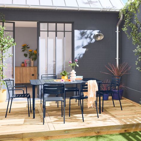 Table de jardin métal + 6 assises bleu marine. acier traitement anti rouille (1/5)