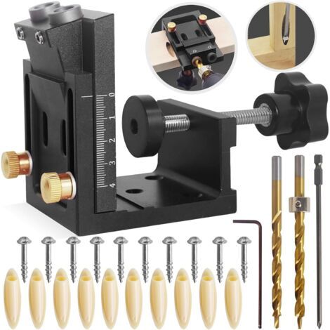 Kit à outils Pocket Hole Jig pour menuiserie, Guide de forage Pocket Hole Jig Set pour trous inclinés à 15°, système de serrage à vis Portable pour le travail du bois (noir) (1/5)