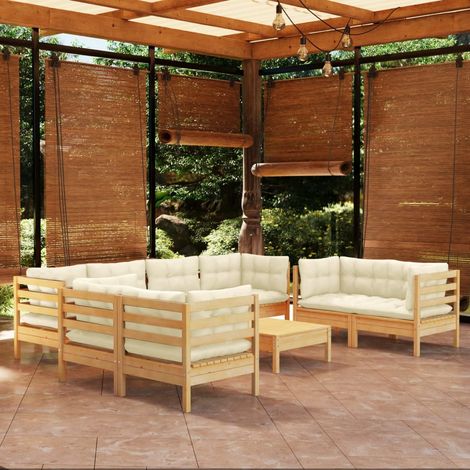 Salon de jardin 9 pcs,Mobilier de terrasse,Table et Chaise pour Relax avec coussins crème bois de pin massif -YZ216786 (1/5)