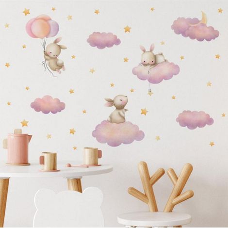 Sticker Mural - Lapin Nuages Etoiles - Décoration Murale Pour Salon Chambre Bureau - 1 Set (1/5)