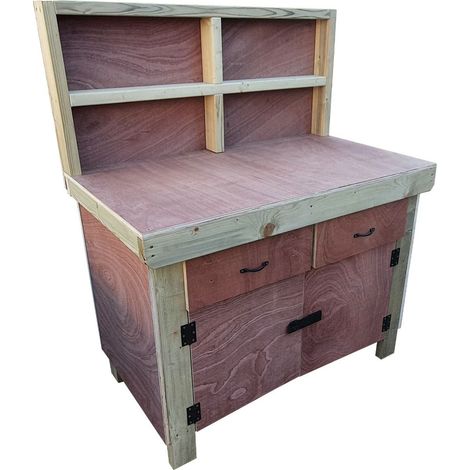 Wooden Eucalyptus hardwood top storage workbench with lockable cupboard and drawers (V.4) (H-90cm, D-70cm, L-180cm) with back