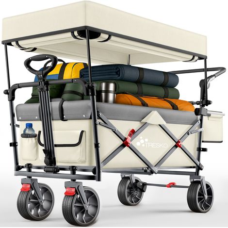 TRESKO® Bollerwagen Faltbar mit Dach Beige, Kühlfach & Seitenrollos Handwagen max. belastbar bis 150kg Transportwagen mit Vollgummireifen & Feststellbremsen (Vorne & Hinten) und 3-Punkt-Gurt