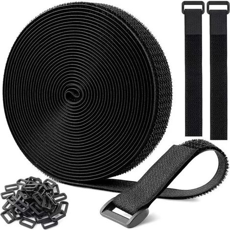 Velcro auto-adhésif ING, 5 mètres de long, 2 centimètres de large, réutilisable, pour la gestion, l'organisation et le rangement des câbles. Noir. (1/5)