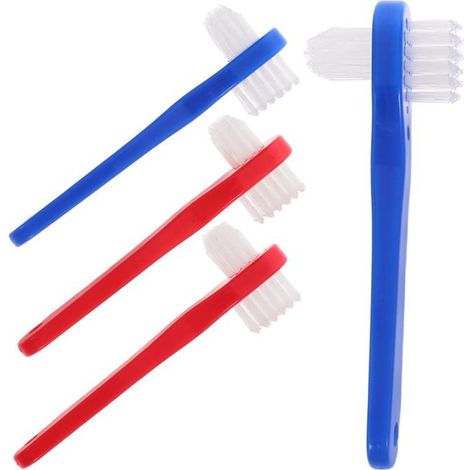 Lot de 4 brosses à prothèses dentaires double face - Mini format portable bleu/rouge - Poils souples pour adultes/voyage (1/5)