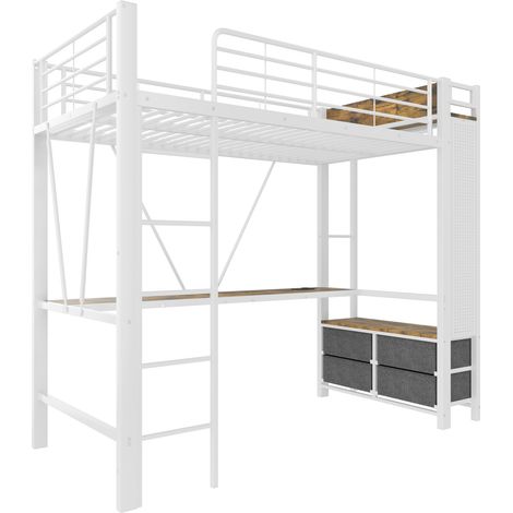 Cama alta 90 x 200 cm de metal blanco con escritorio, cajones, estantes, LED y USB-C (1/5)