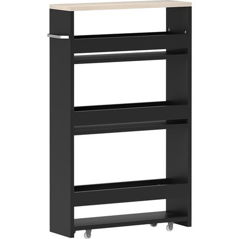 Chariot de rangement 3 étagères avec poignée, étagère roulante de stockage noire 48x15x80 cm (1/5)