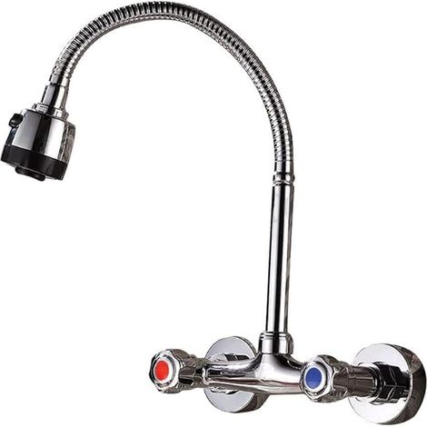 Wasserhahn Küche 360 ° Drehbare, Auslauf Wandmontage Mischbatterie Küchenarmatur Gebürstetes Nickel Kalt Heiß Einhebelmischer Zwei Löcher Edelstahl Küchenarmatur (1/5)