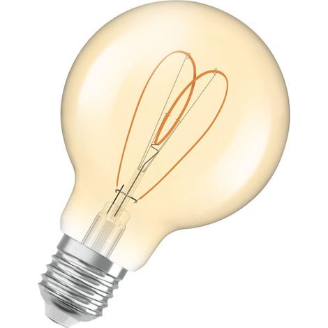 OSRAM Vintage 1906 Globe è una dimmerabile di colore bianco caldo dalla classica forma sferica con filamento. Offre 4,9 W per 470 lm, attacco E27, vetro color oro, diametro 80 mm, 2200 K, EEK F.