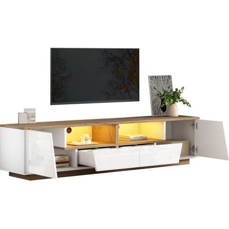 ELVMI Mobile TV con 2 Ante, 2 Cassetti, 2 Vani e LED, per Soggiorno, Bianco e Legno, 180 x 40 x 46 cm (1/5)
