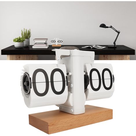 Reloj plegable automático de estilo vintage: esfera digital minimalista de madera de haya y PVC, modelo de 24 horas en blanco mate, 14 cm x 20,5 cm con base antideslizante, ideal para la oficina, el s (1/5)