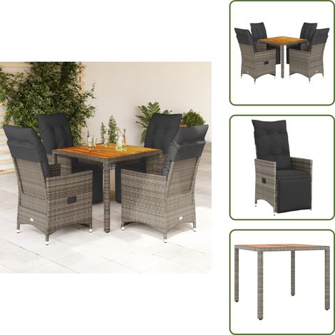 The Living Store Ensemble de bistro de jardin 5 pcs coussins gris poly rotin - Salon De Jardin - Set De Salon De Jardin - Fauteuil Inclinable - Mobilier De Jardin - Résine Tressée