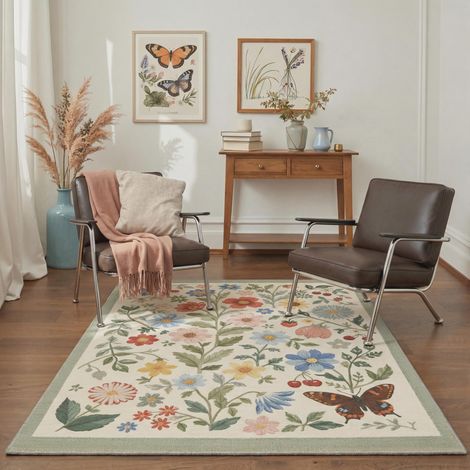 Tapis Salon Vintage 120x170cm Lavable en Machine Rug AntidéRapant Poil Ras, pour Chambre Salle a Manger Descente de Lit Bureau, Cuisine,Crème Pêche et Bleu Pâle (1/5)