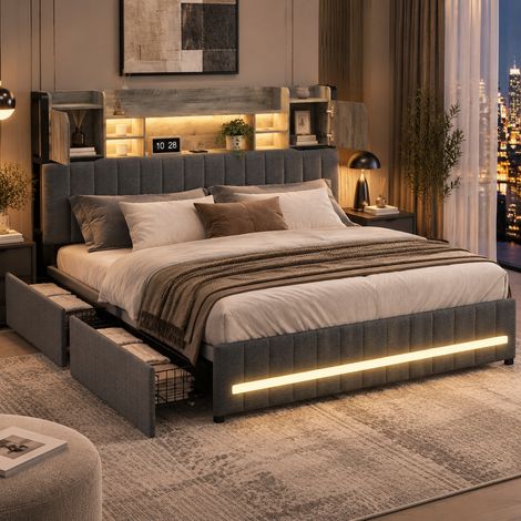 Lit double rembourré 140x200 cm lin gris, Lit 140x200 avec 4 tiroirs, éclairage LED et ports USB, tête de lit rangement, sommier à lattes (1/5)